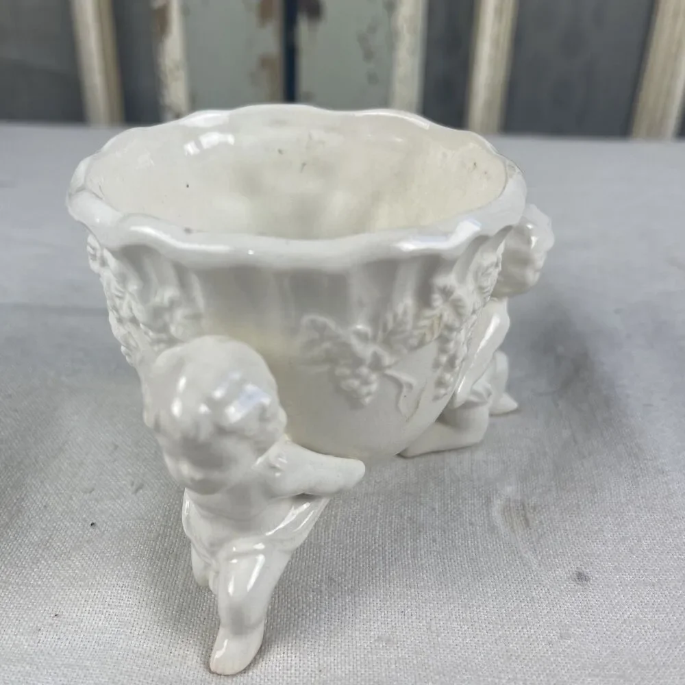 Vintage White Ceramic Planter w/ 3 Cherubs - Embossed Grapes Lefton Japan